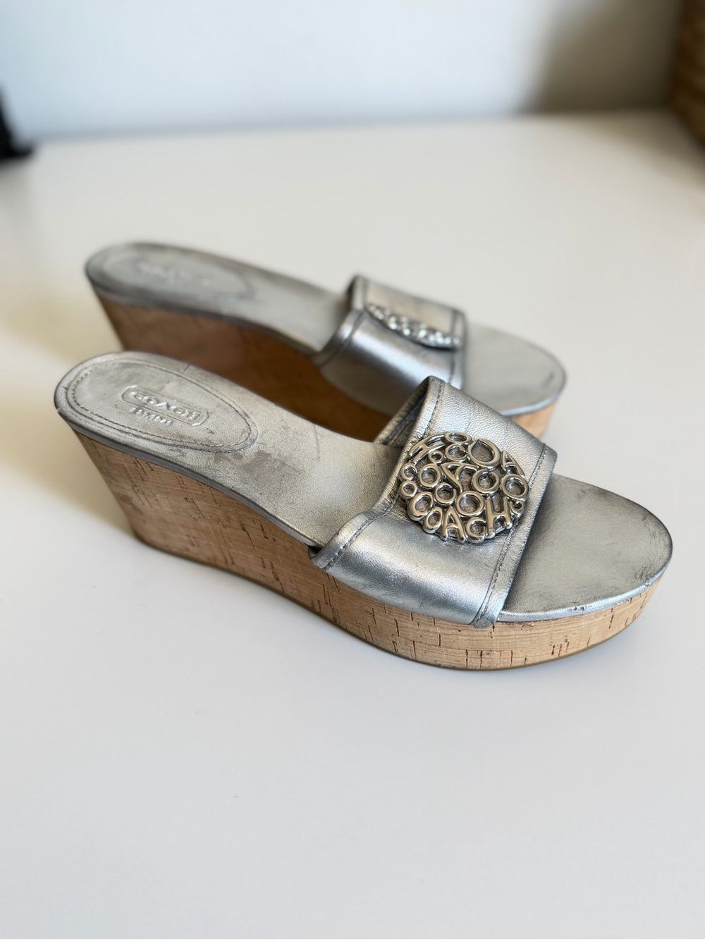 Coach Judith Metallic Silver Wedge Slide Sandals 8.5b - Picture 4 of 8